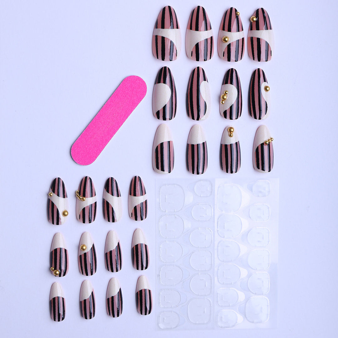 Artificial Fingernails In Elegant Stripe Design with Gold Accents Kalsten