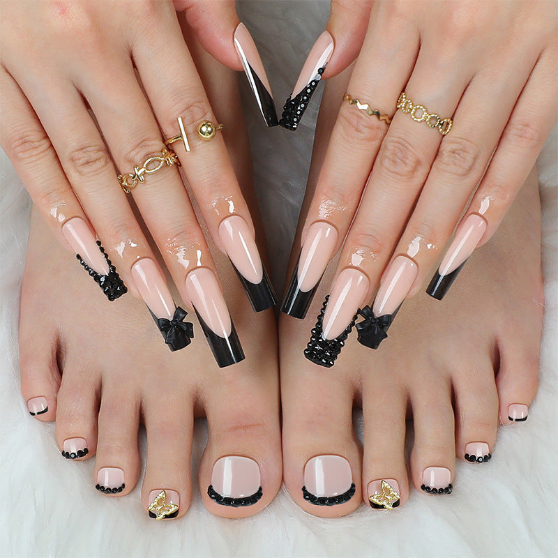 Elegant Press-On Nail Art Set with Decorative Bows and Crystal Accents Kalsten