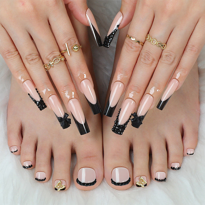 Elegant Press-On Nail Art Set with Decorative Bows and Crystal Accents Kalsten