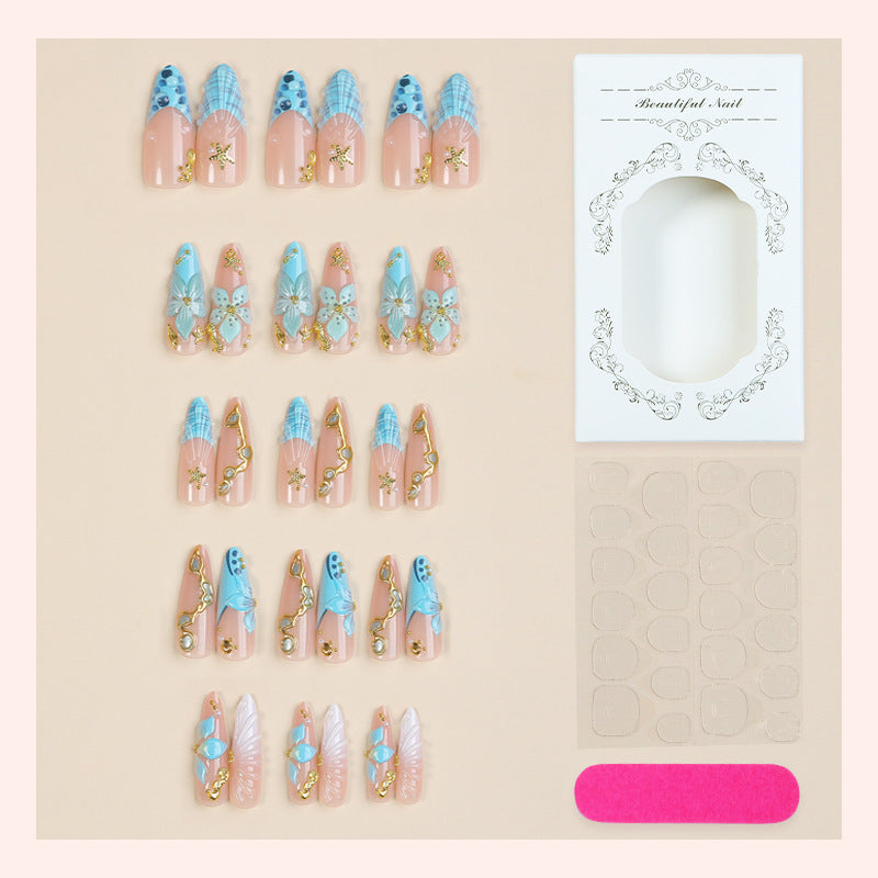 Premium Artistic Press-On Nail Set with Decorative Ocean-Inspired Designs Kalsten