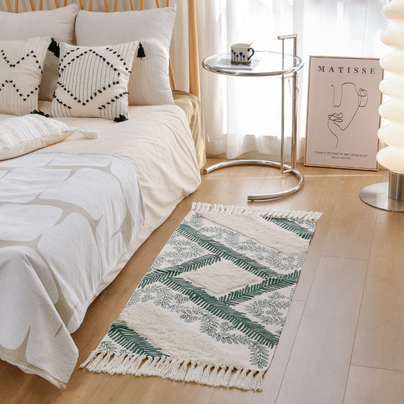 decorative woven bathroom runner with botanical jacquard pattern and fringes Kalsten