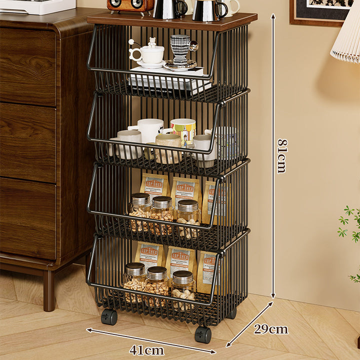 Mobile Four-Tier Kitchen Pantry Organizer Cart with Wood Top and Rolling Wire Baskets