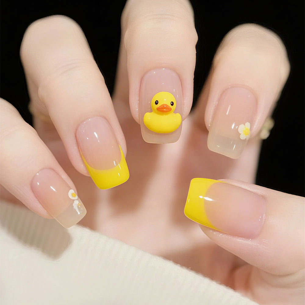 Artificial nails with playful duck design and summery color gradient Kalsten
