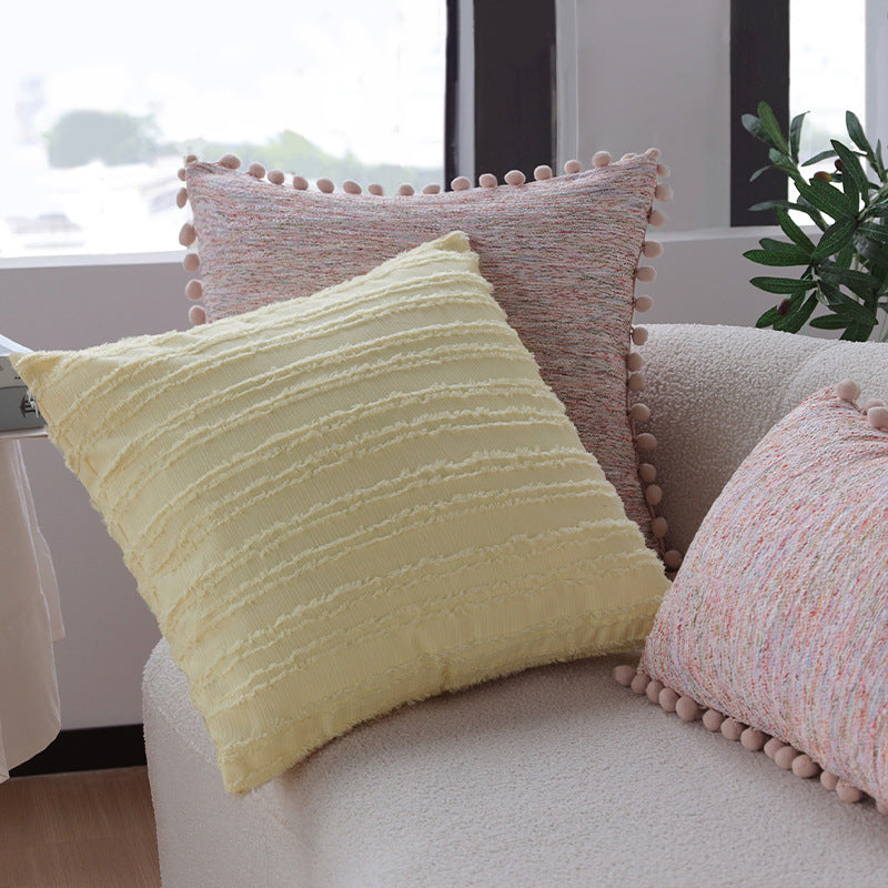 Rectangular decorative pillowcase with mottled chenille structure and pompom trim Kalsten