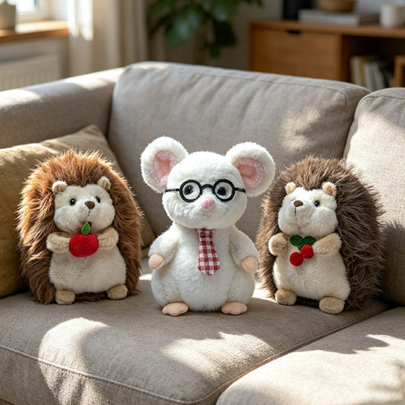 Kawaii Hedgehog Plush Collectible with Embroidered Cherry Accent and Soft Faux‑Fur Back Kalsten