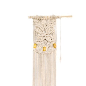 Macrame phone pouch with wooden beads, leaf relief and hanging loop Kalsten