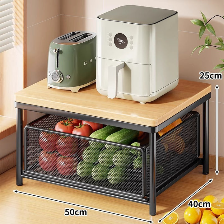 Countertop Bamboo-Top Metal Mesh Sliding Storage Shelf with Pull-Out Basket
