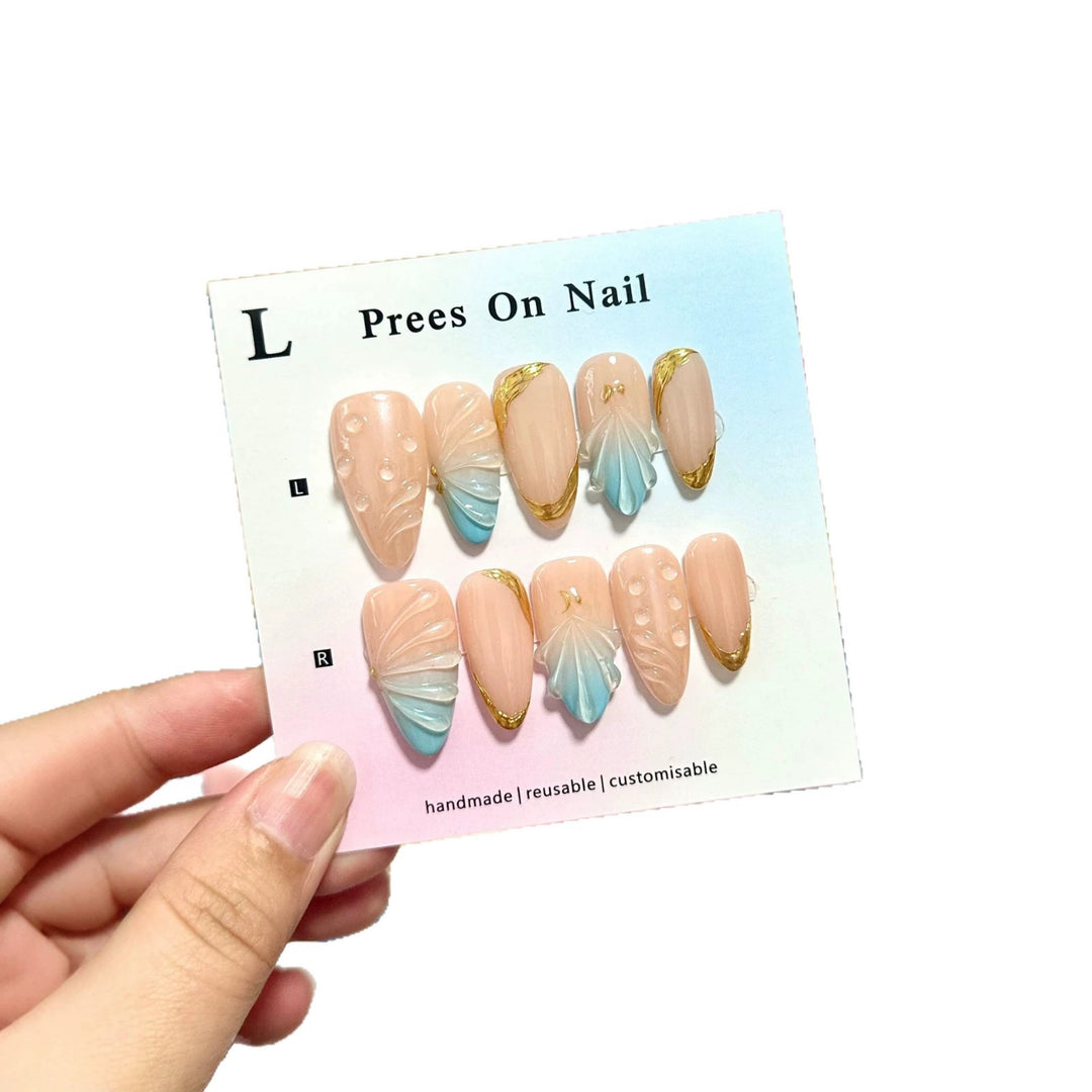 Artistic Press-On Nail Art Set with Golden Accents