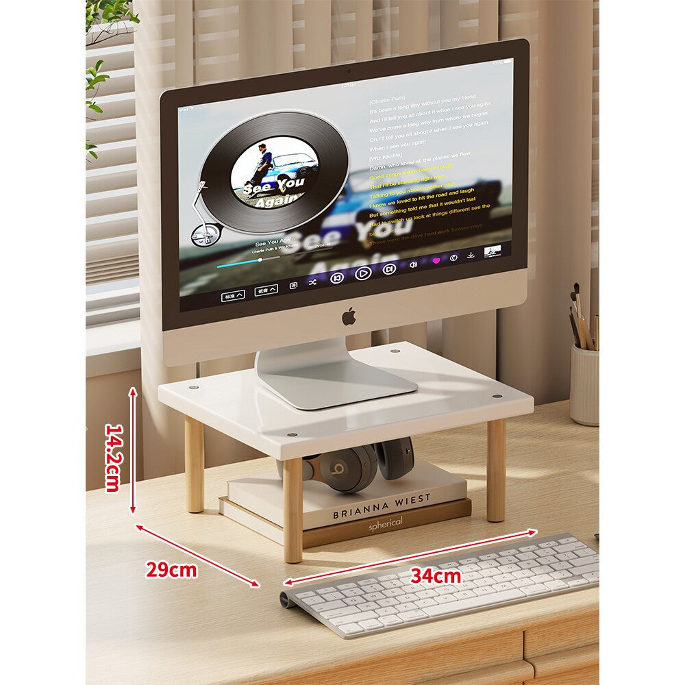 Compact Elevated Monitor Riser Stand with Wooden Legs and Under-Storage