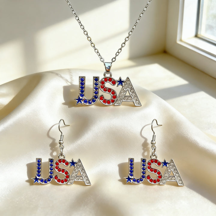 Women's patriotic jewelry set flip-flop pendant necklace and earrings with enamel and crystal embellishment Kalsten