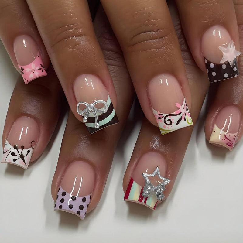 Acrylic Nail Set with Playful Bows and Patterns Kalsten