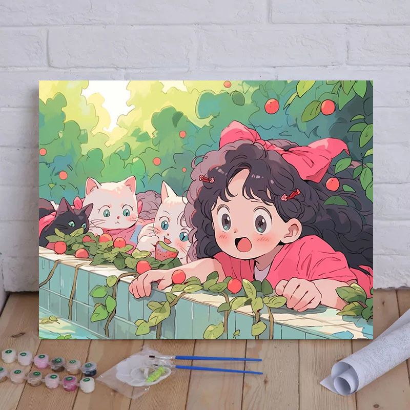 Cartoon Cat and Girl Themed Canvas Paint by Numbers Art Kit Kalsten