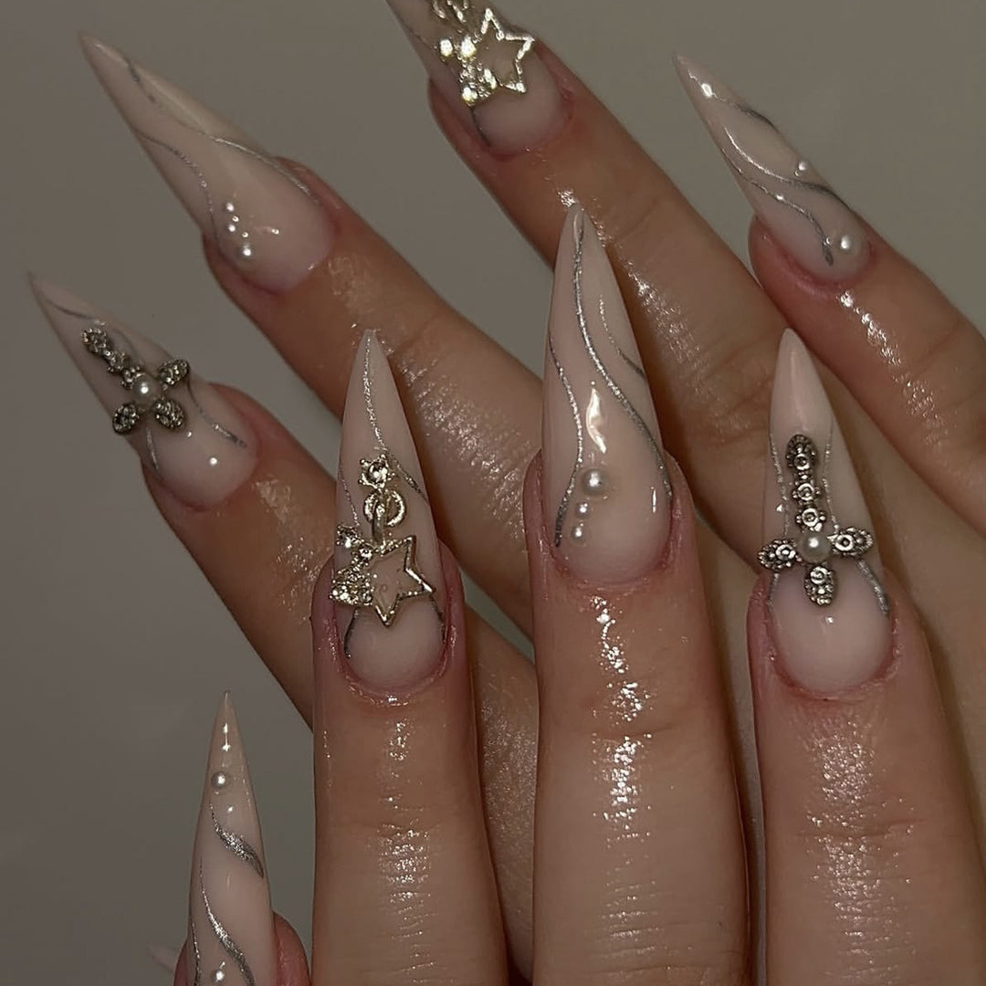 Stiletto Acrylic Nail Art Extensions with Decorative Accents Kalsten