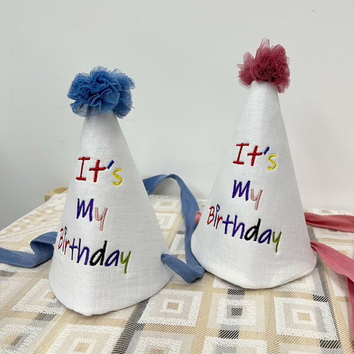 Children's Embroidered Cotton Birthday Cone Hat with Tulle Pom Pom and Adjustable Chin Ties