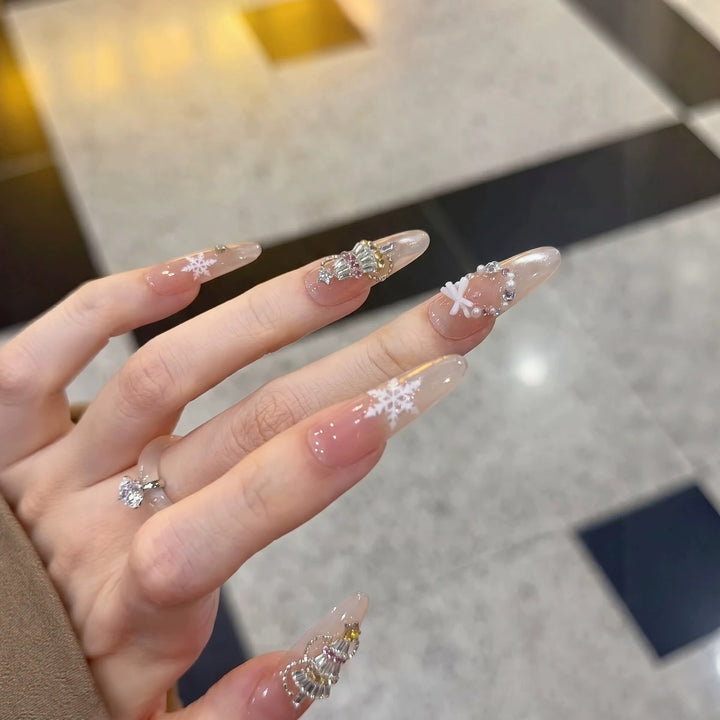 Decorative Stiletto Press-On Nail Art Set with Snowflake and Gemstone Accents Kalsten