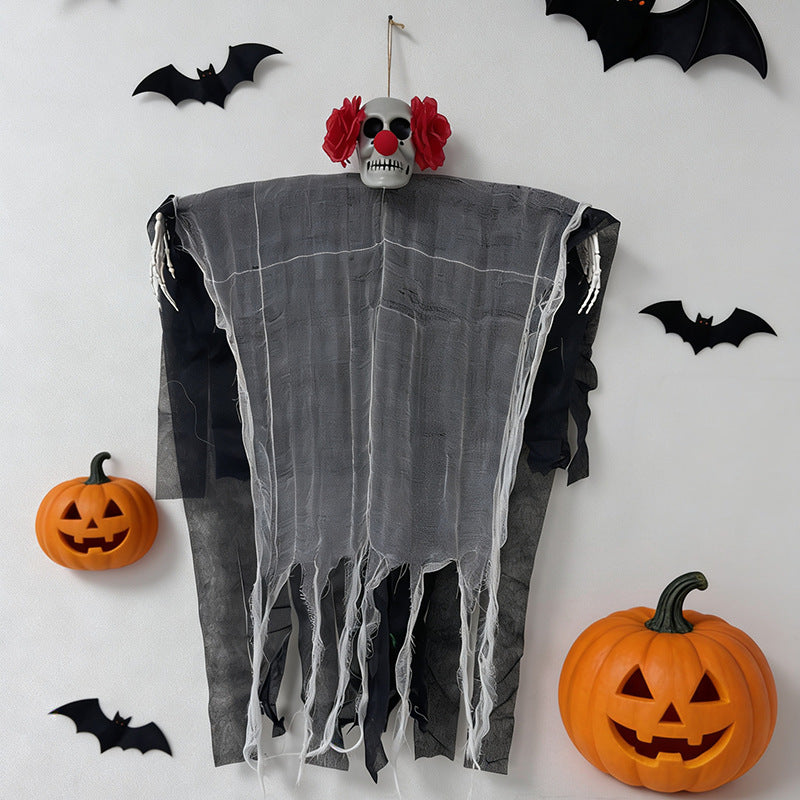 Creepy hanging decoration skeleton with glowing eyes