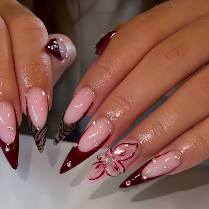 Elegant Stiletto Press-On Nail Art Set with Floral and Geometric Designs Kalsten