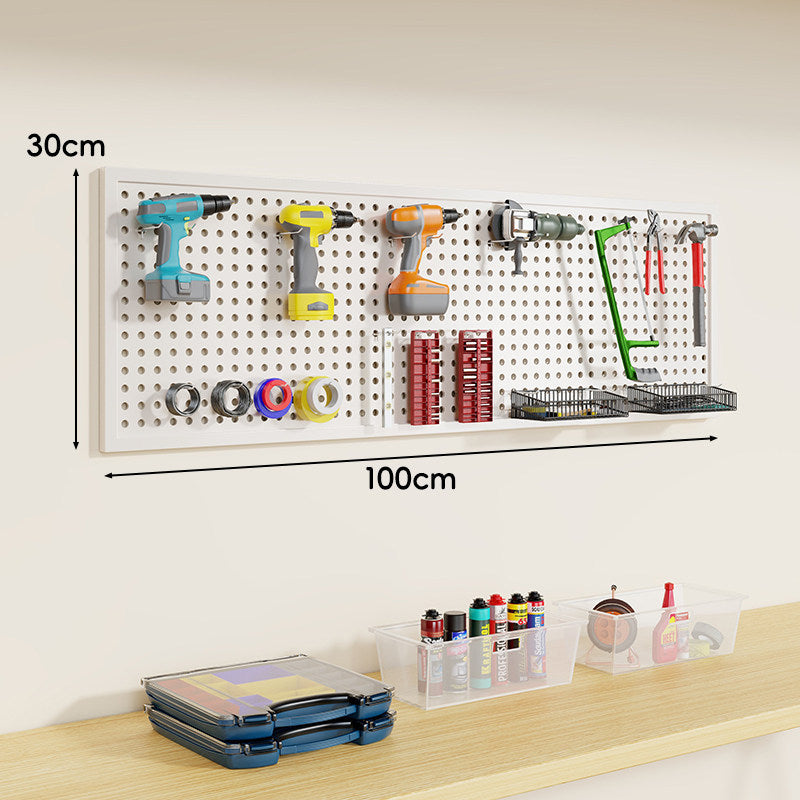 Wall-Mounted Perforated Metal Tool Pegboard Organizer Panel with Modular Hooks and Wire Baskets