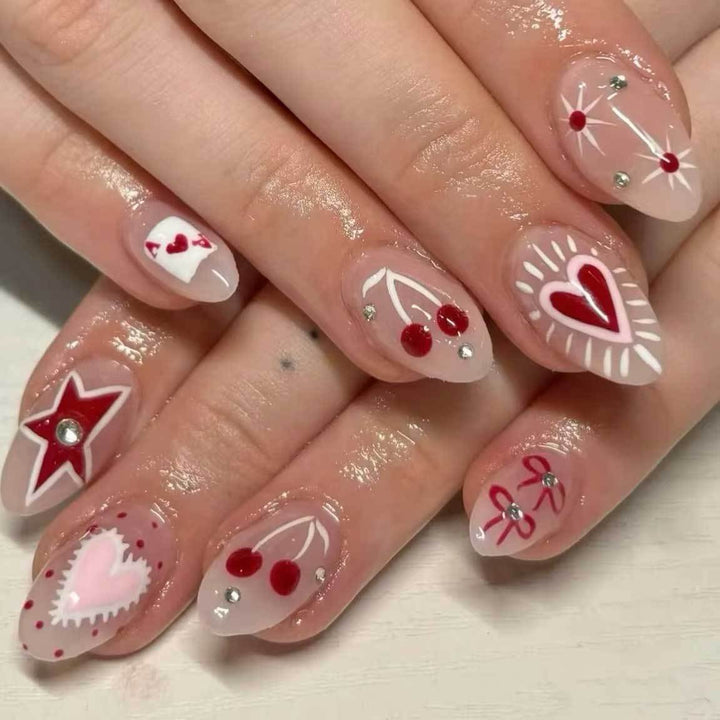 Artistic Heart and Cherry Nail Art
