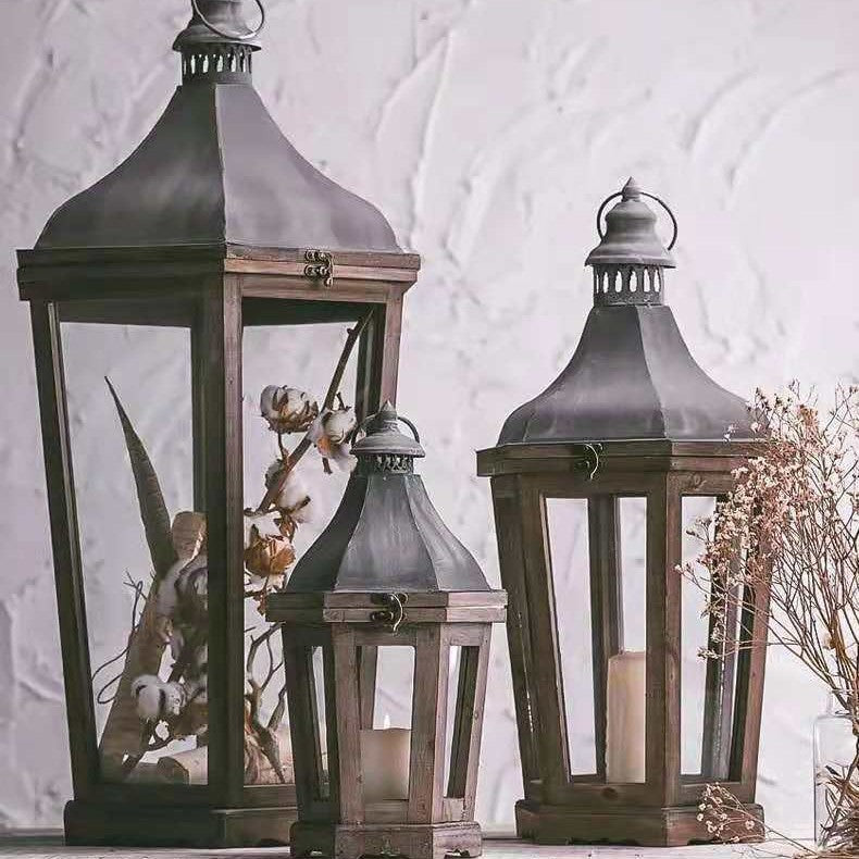 Rustic Weathered Wood and Metal Indoor Outdoor Candle Lantern Set Kalsten