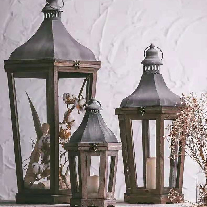 Rustic Weathered Wood and Metal Indoor Outdoor Candle Lantern Set Kalsten