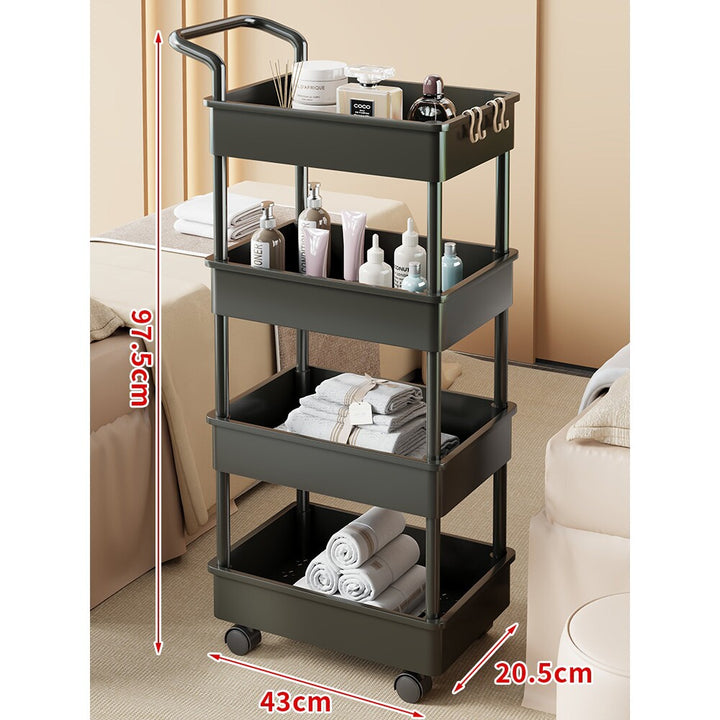 Compact Two-Tier Rolling Storage Cart with Integrated Handle and Accessory Hooks