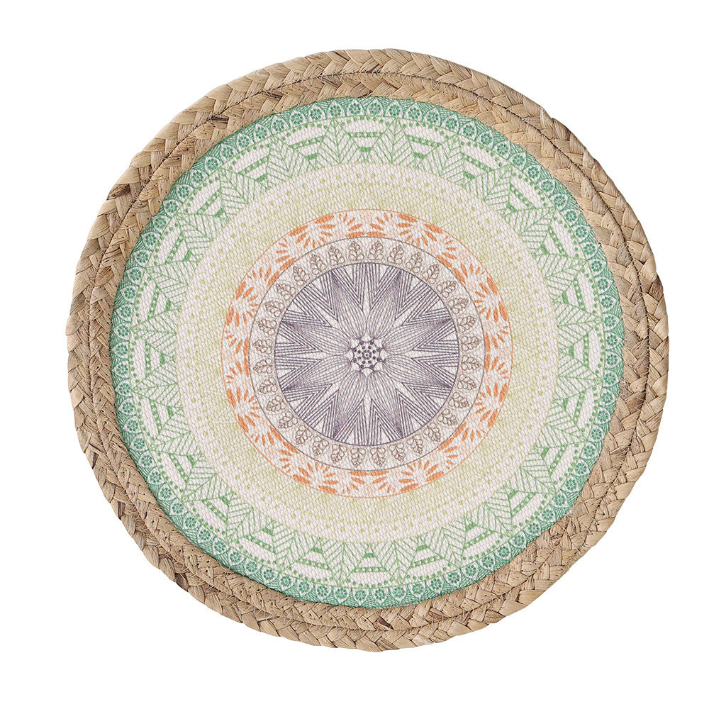 Round woven table mat made of jute with mandala cotton overlay Kalsten