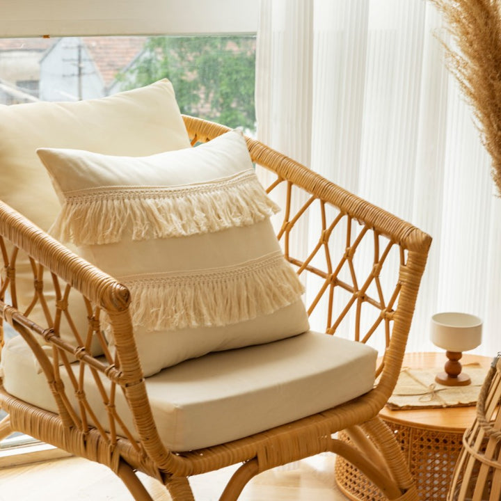 Decorative Tassel-Trim Square Throw Pillow with Pom-Pom Rows and Braided Cotton Accents