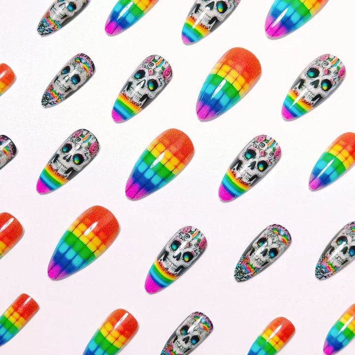 Creative artificial nails with skull design and rainbow colors Kalsten