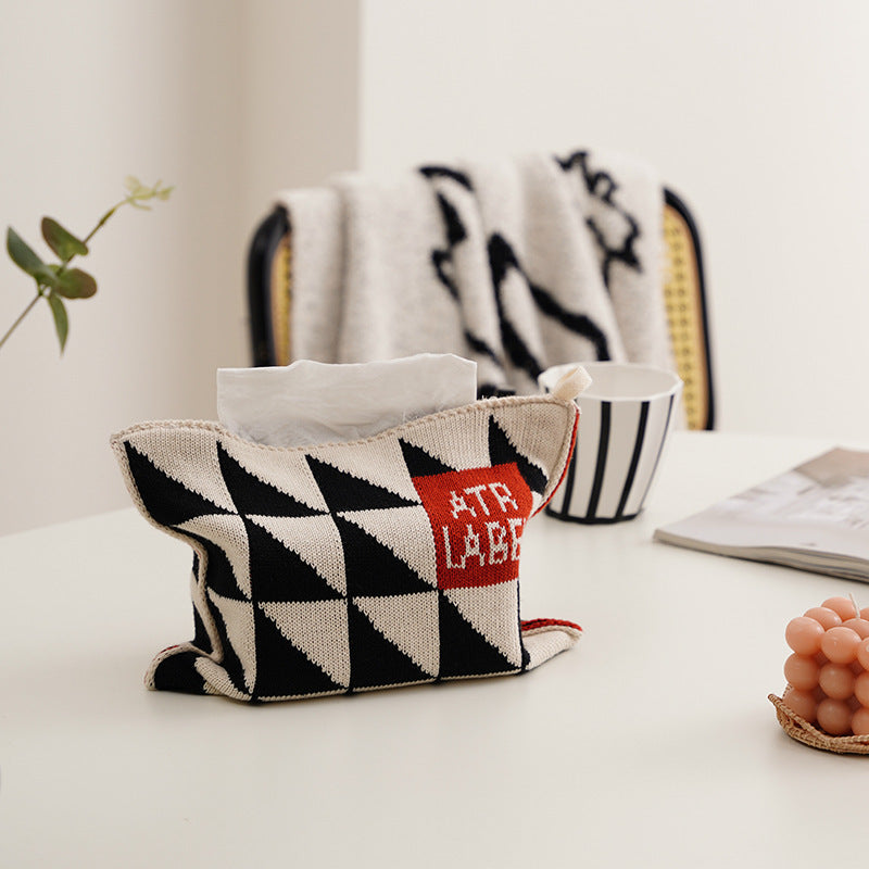 Knitted tissue box cover with geometric jacquard pattern and zipper Kalsten