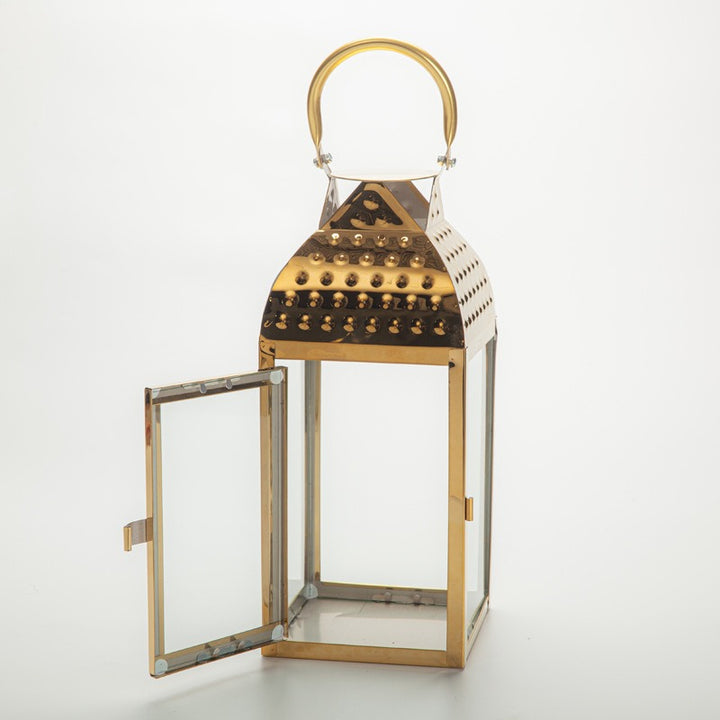 Decorative Metal and Glass Candle Lantern Set with Hinged Door Perforated Dome Top & Carry Handle Kalsten