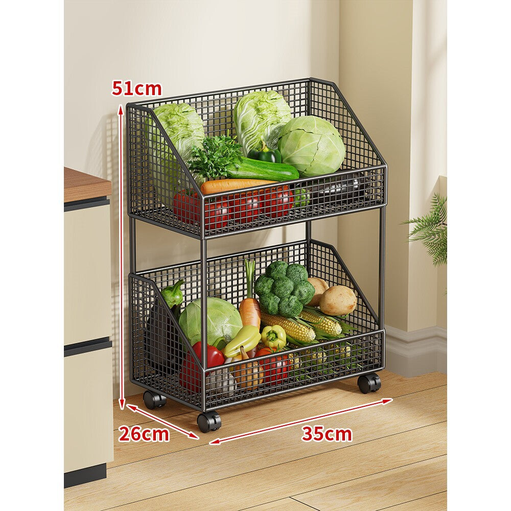Two-Tier Mesh Rolling Kitchen Produce Storage Cart