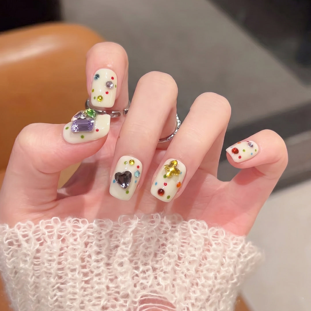 Decorative Press-On Nail Art Set with Colorful Gem Accents Kalsten
