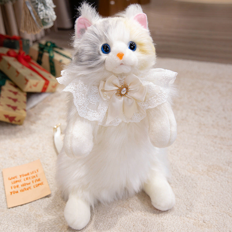 Plush Sitting Cat Decorative Doll with Lace Ruffle Collar & Jeweled Bow Kalsten