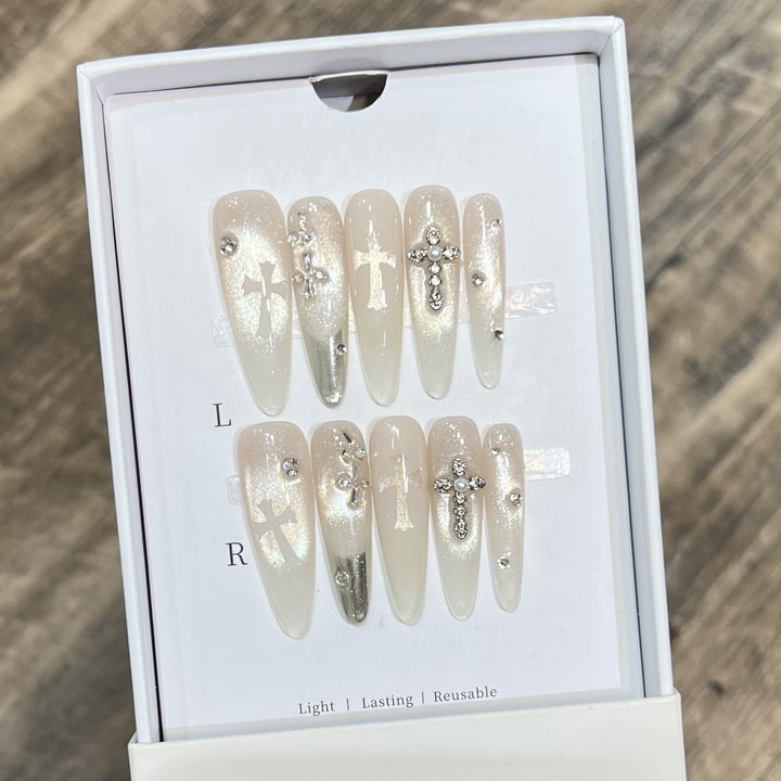 Elegant Decorative Press-On Nail Set with Rhinestone Cross Accents Kalsten