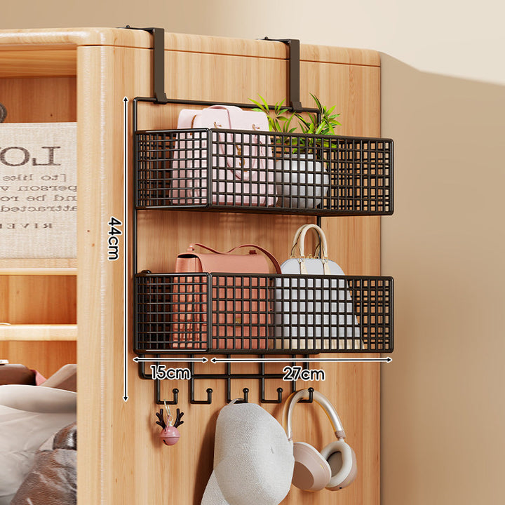 Over-the-Door Metal Grid Hanging Organizer with Four Stackable Baskets and Hooks