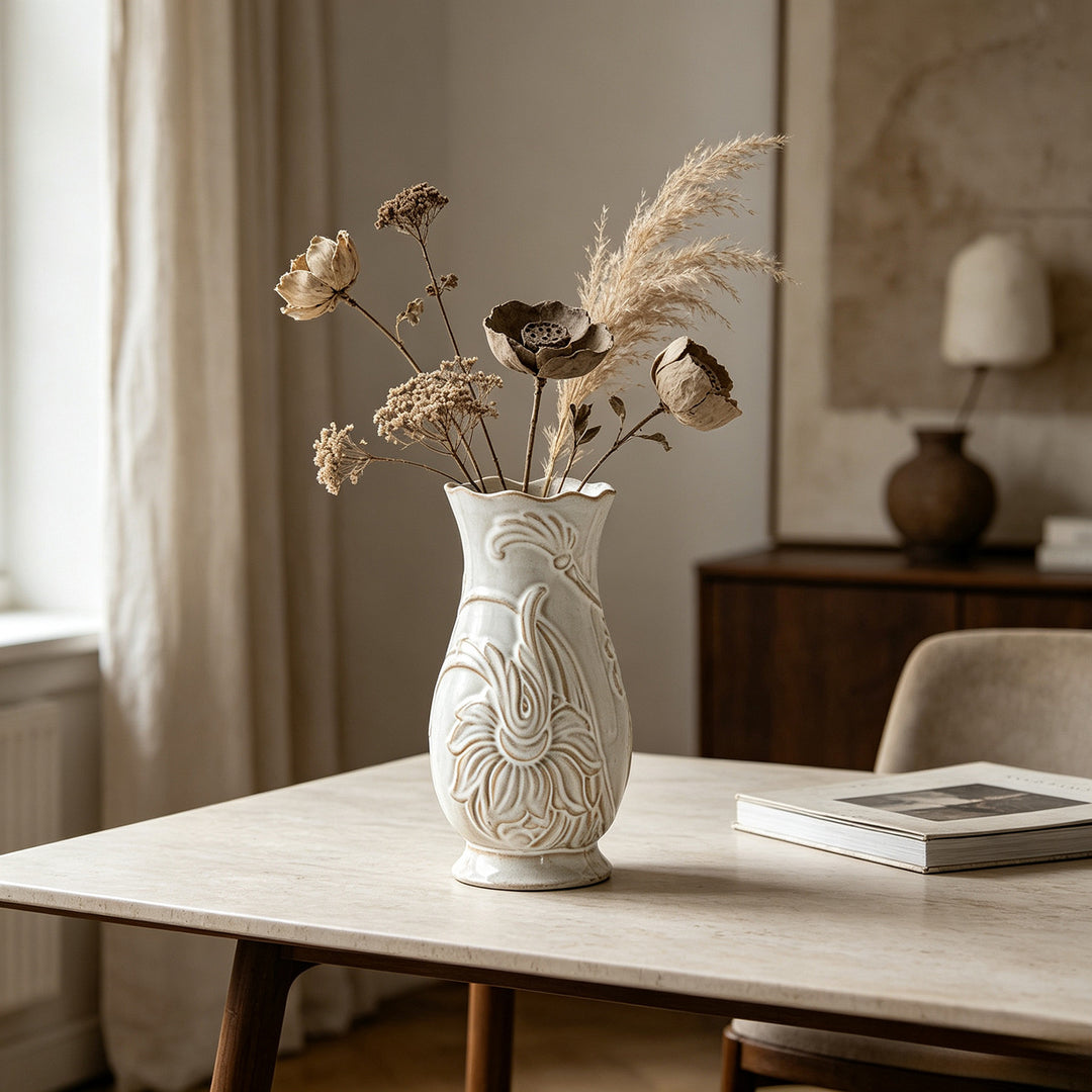 Engraved Ceramic Button Vase with Wave Edge and Floral Relief