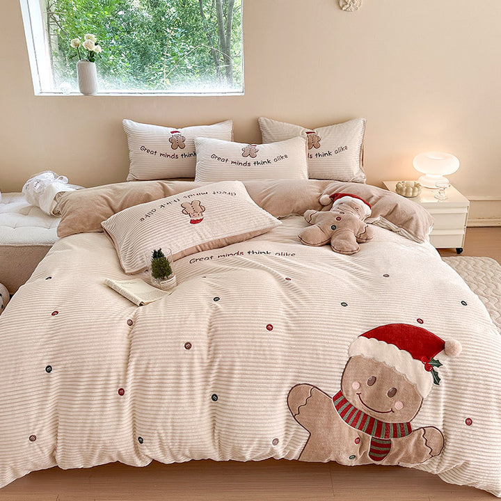 Cozy winter bedding set with embroidered gingerbread motif and velvety structure