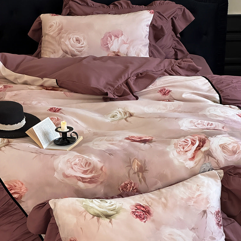 Bedding set made of cotton satin with rose watercolor print, ruffle and decorative bedspread