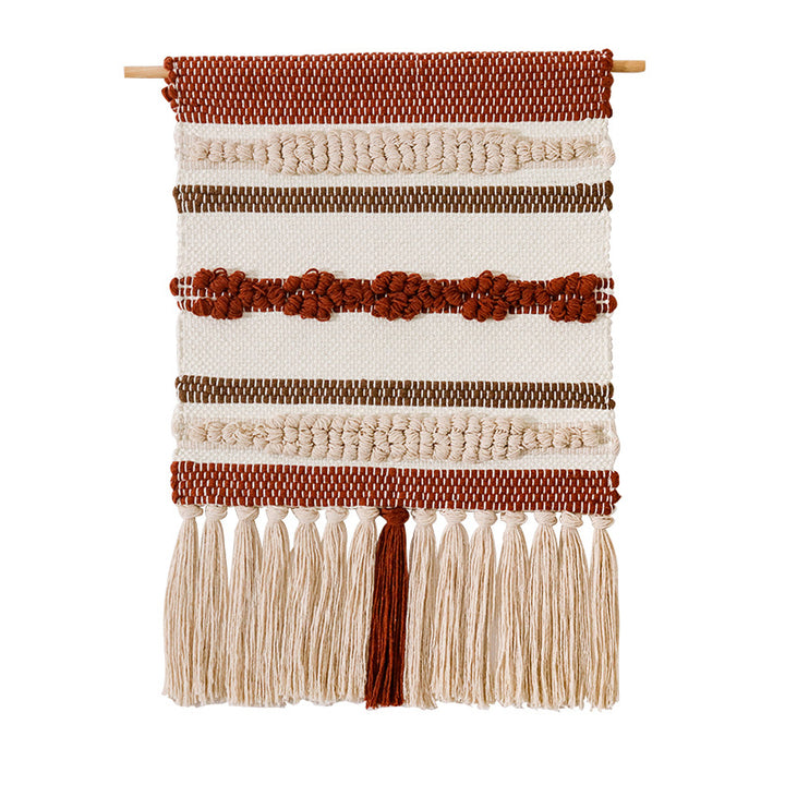 Woven Boho wall tapestry with macrame fringes and handcrafted textured relief Kalsten