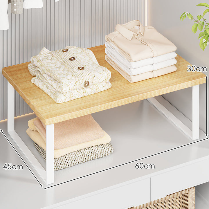 Compact Wooden-Top Metal Shelf Riser for Closet and Countertop