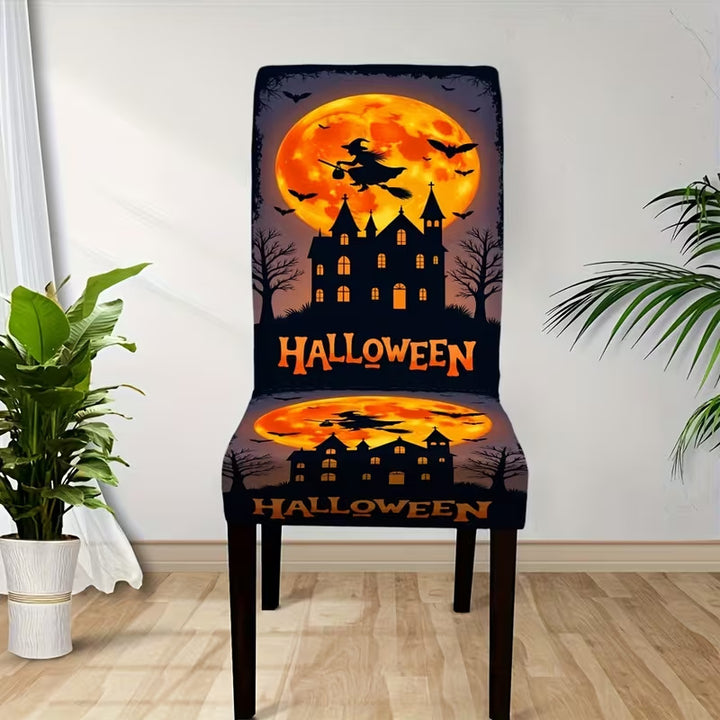 Elastic chair cover with Halloween castle and witch motif, stretchable chair cover for backrest and seat