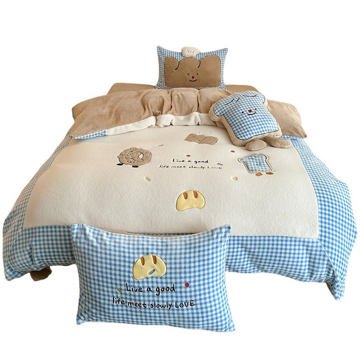 Children's bedding set with quilted cozy blanket, plush decorative pillow, and vichy check trim