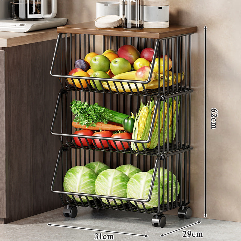 Slim Vertical Rolling Wire Produce and Pantry Organizer Cart with Wood Top