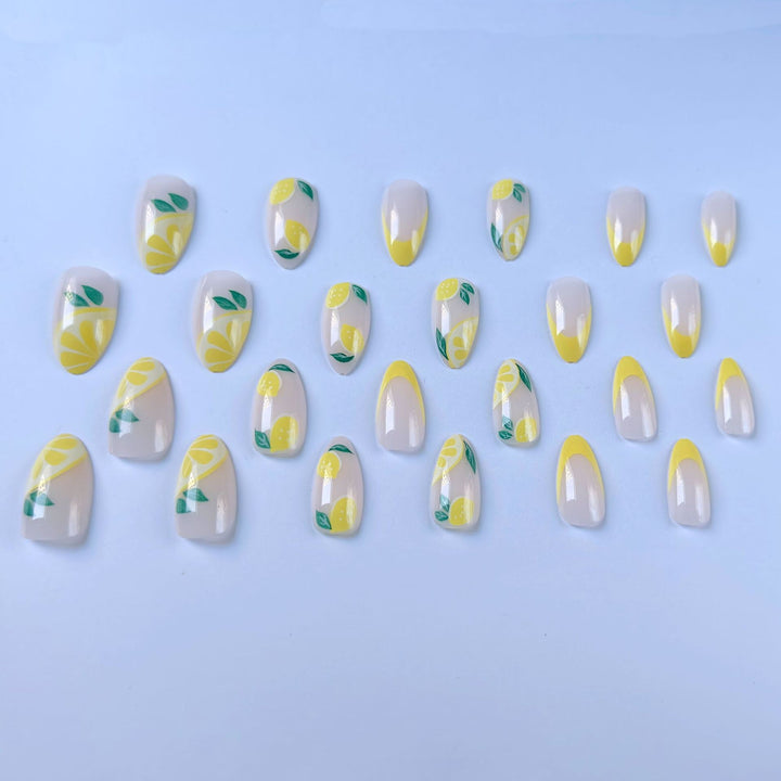 Stylish Nail Art Set with Lemon and Floral Design