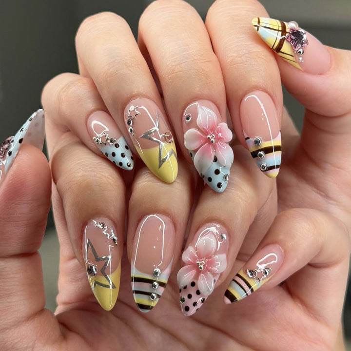Elegant Floral and Geometric 3D Nail Art Extensions Kalsten