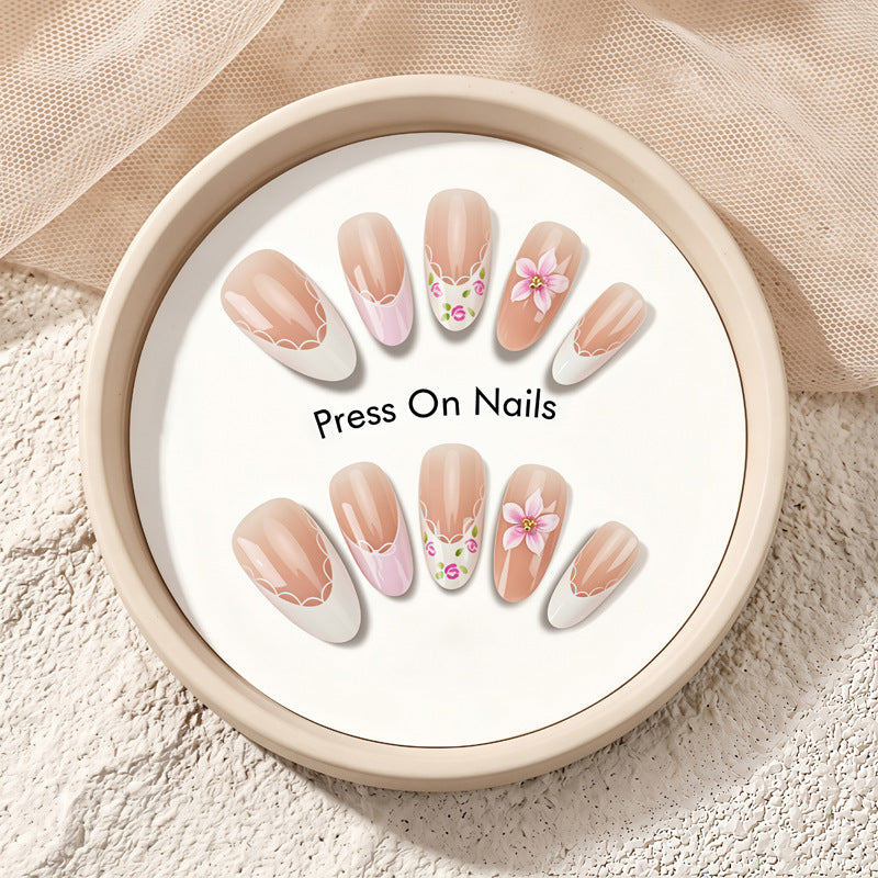 Artistic Press-On Nail Set with Floral Accents Kalsten 1789389180