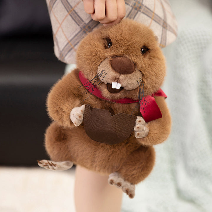 Plush Beaver Collectible Cuddle Toy with Walnut Prop, Red Scarf & Embroidered Details Kalsten