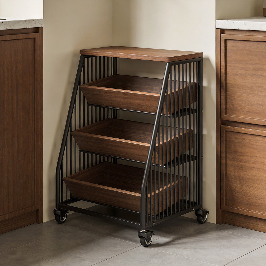 Slim Vertical Rolling Wire Produce and Pantry Organizer Cart with Wood Top
