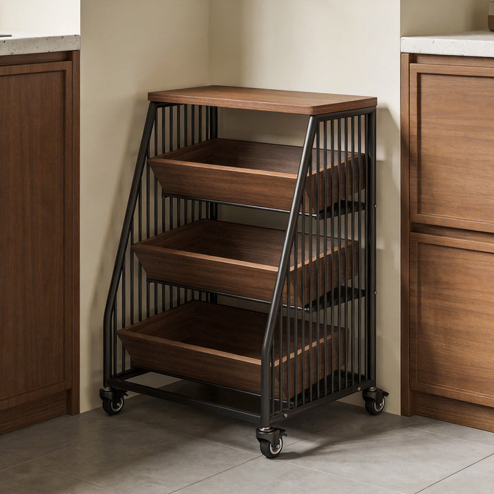 Slim Vertical Rolling Wire Produce and Pantry Organizer Cart with Wood Top